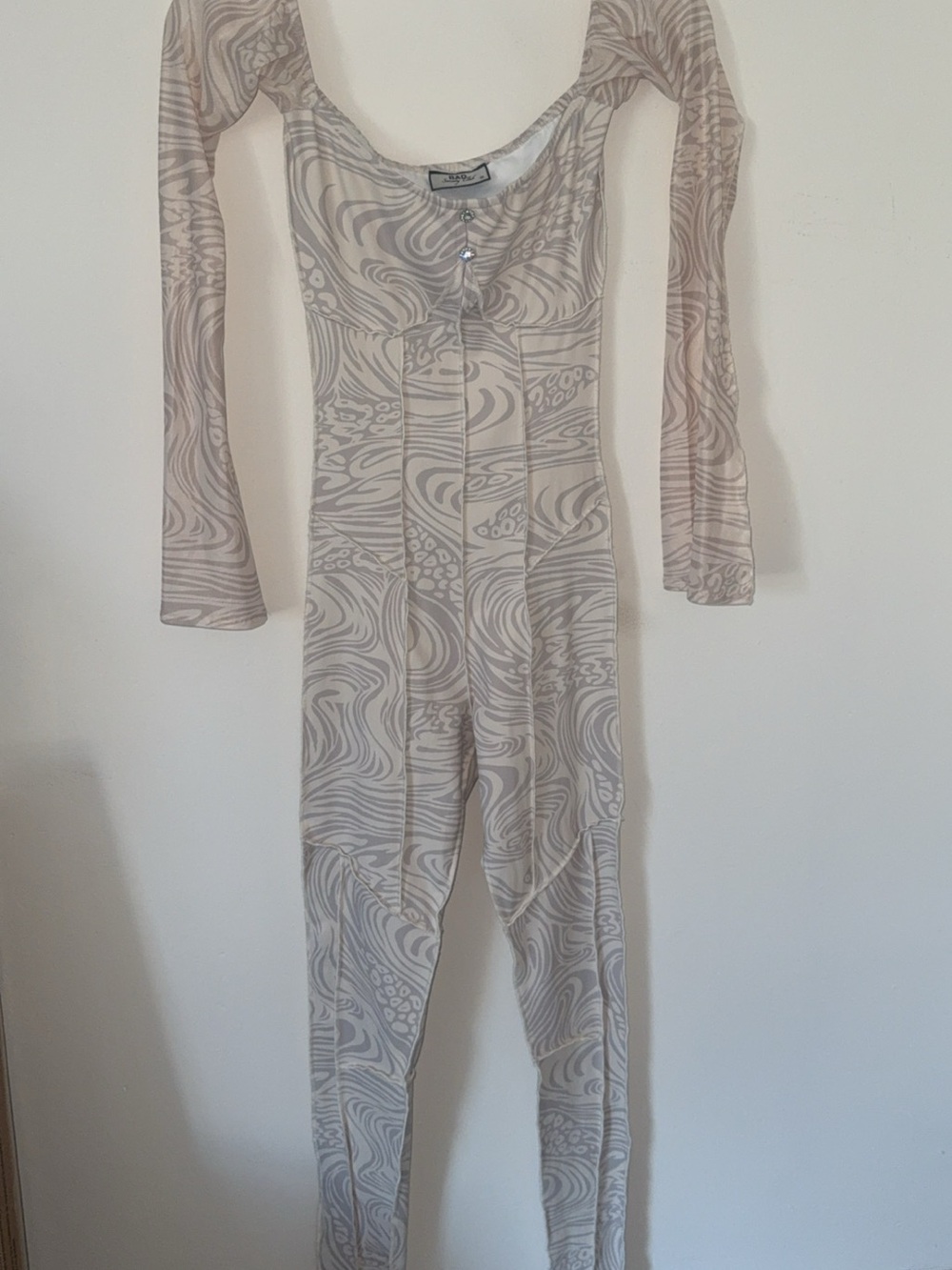 Long-Sleeve Printed One-Piece Jumpsuit in Neutral Swirl